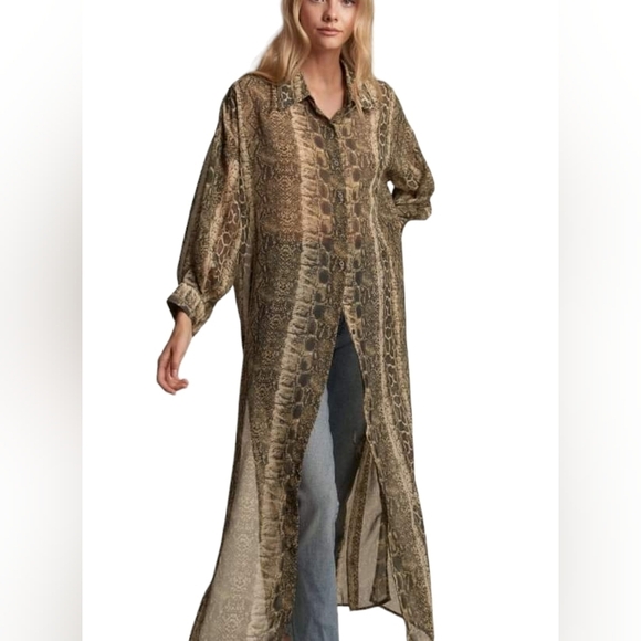 Snake Print Sheer Tunic Collared Midi/ Maxi Shirt Dress Top - Picture 3 of 15